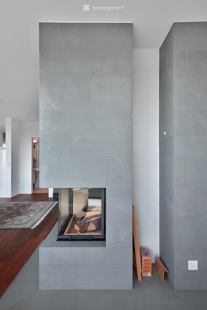 Modern hallway with a sleek, grey stone fireplace featuring a glass front and wood logs inside. The floor is grey concrete, and the walls are white with wooden flooring visible in the adjacent room.