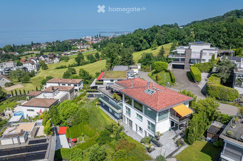 Aerial view of a modern residential area with multiple houses, green lawns, trees, and a scenic lake view in the background.