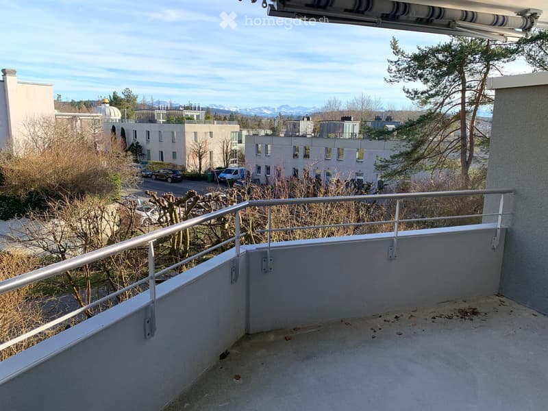 Balcony with metal railing, overlooking a residential area with buildings, trees, and parked cars.