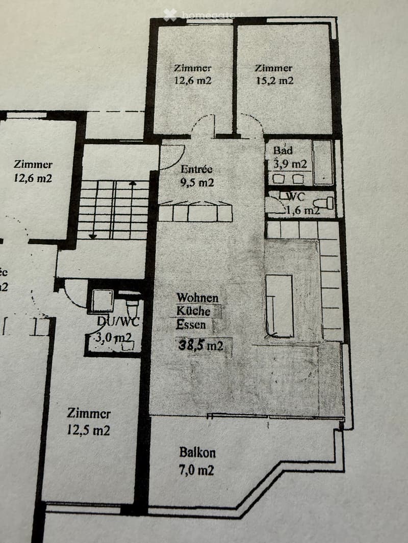 Floor plan showing a 3-room apartment with a living-dining-kitchen area, two bedrooms, a bathroom, a WC, and a balcony.