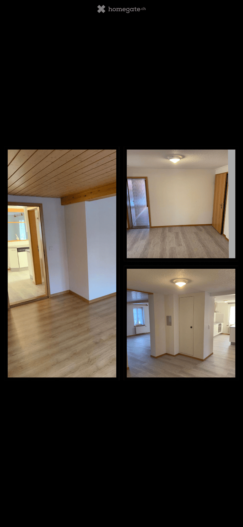 Four empty rooms with wooden flooring, white walls, and basic structural elements. No furniture or personal items are present.