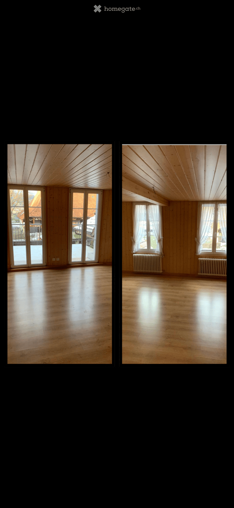 Two empty rooms with wooden floors and walls, large windows, and radiators. No furniture or equipment present.