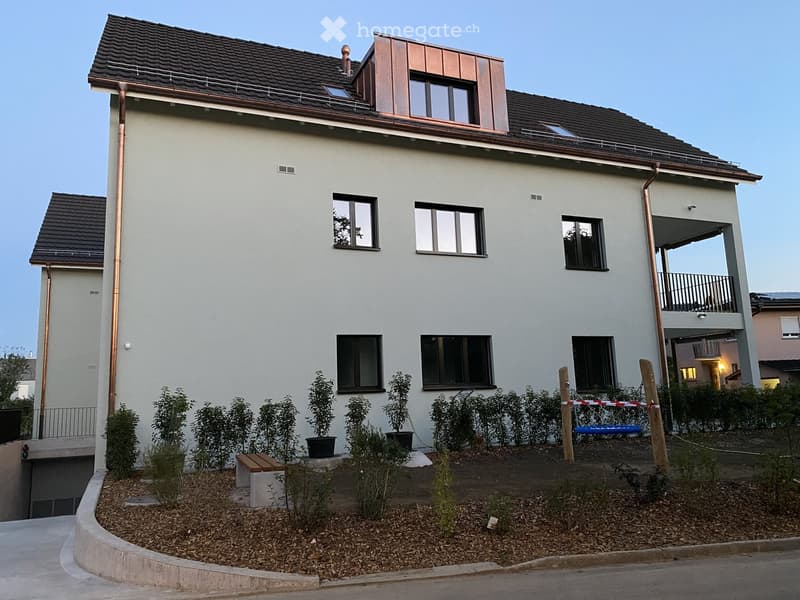 Modern two-story house with white exterior, dark roof, multiple windows, and small garden area with potted plants and a bench.