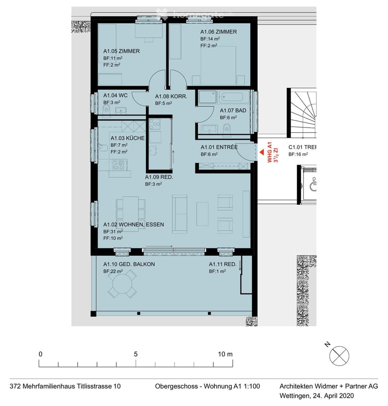 Floor plan of a residential unit on the upper floor, including living and dining area, kitchen, two bedrooms, bathroom, hallway, and balcony.