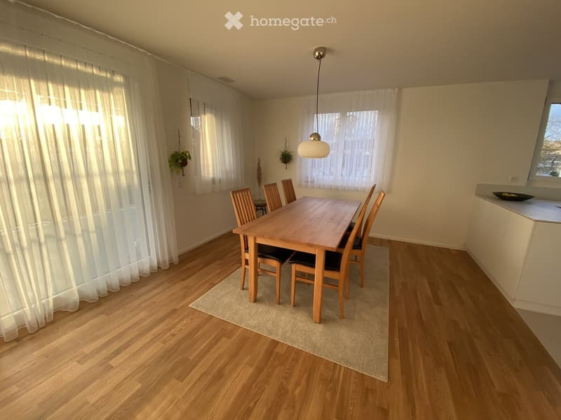 Bright dining area with wooden dining table, six chairs, pendant light, large windows with sheer curtains, and small plants on walls.