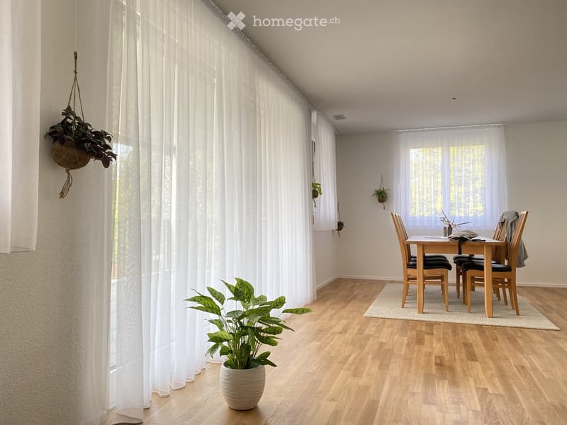 Bright dining area with wooden flooring, large windows with white curtains, a dining table with chairs, and potted plants.