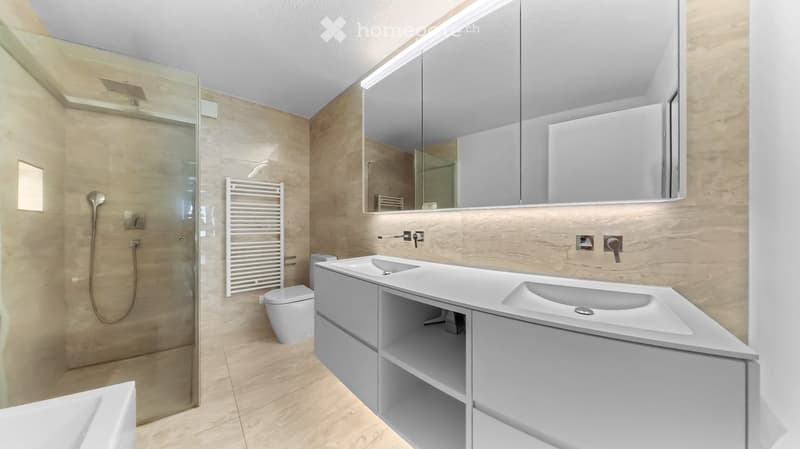 Modern bathroom with a double sink vanity, large mirror, toilet, glass-enclosed shower, and a towel rack.
