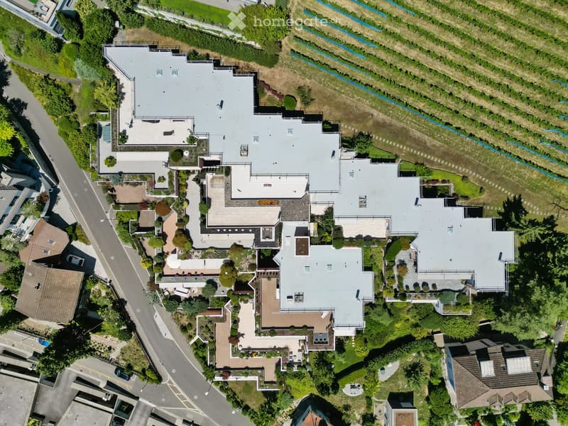 Aerial view of a large, multi-story residential building with a grey roof, surrounded by greenery and neighboring houses.