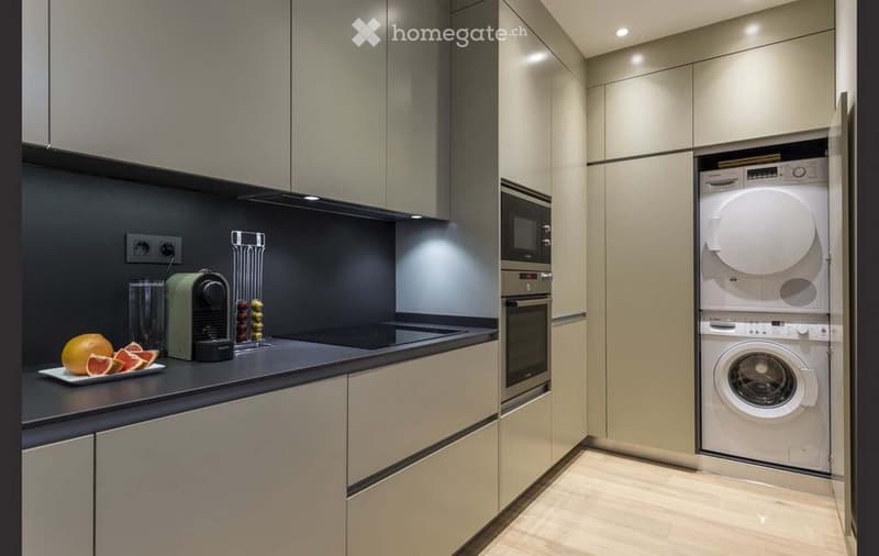 Modern kitchen with light wood cabinets, stainless steel appliances, and a black countertop. Includes an oven, microwave, washing machine, dishwasher, coffee maker, and a plate of fruit on the counter.