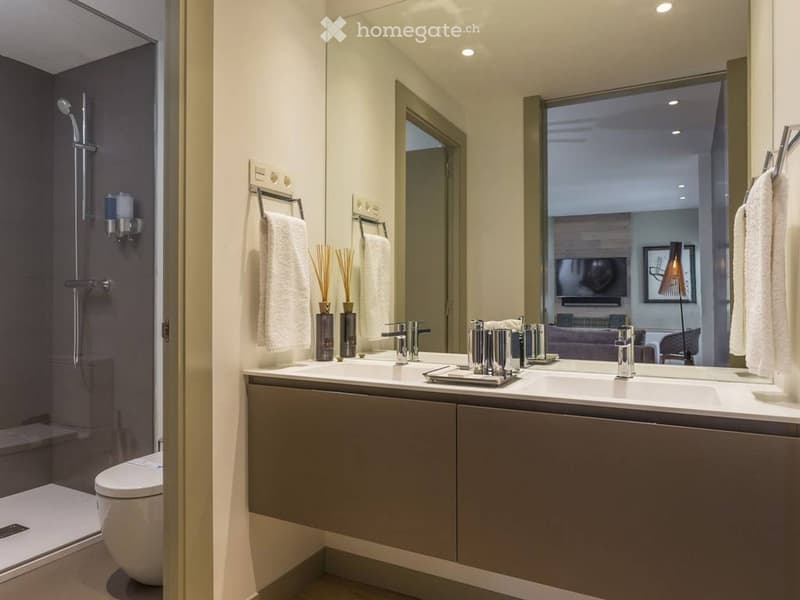 Modern bathroom with double sink, large mirror, toilet, and separate shower area. Features sleek fixtures, towels, and decorative vases.