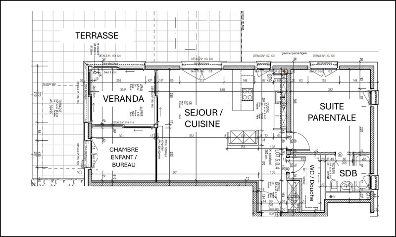 Floor plan showing a terrace, veranda, living/dining area, kitchen, bedroom, office, and bathroom.
