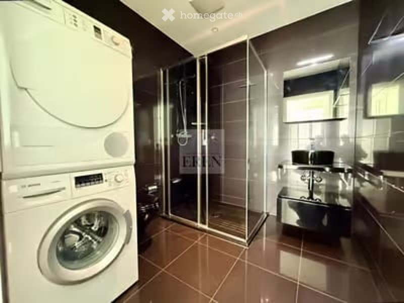 Modern bathroom with a washing machine, glass-enclosed shower, sink, and mirror.