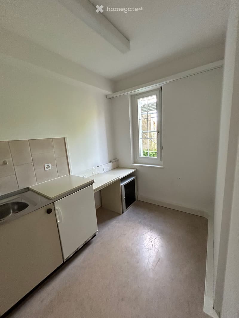 Empty room with white walls, carpeted floor, small window, and built-in cabinets with sink and countertop.