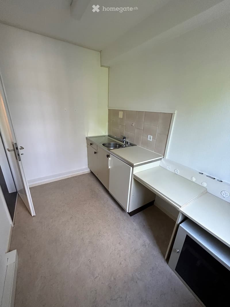 Empty room with light-colored walls, carpeted floor, and a small kitchenette area featuring a sink, countertop, and cabinets.