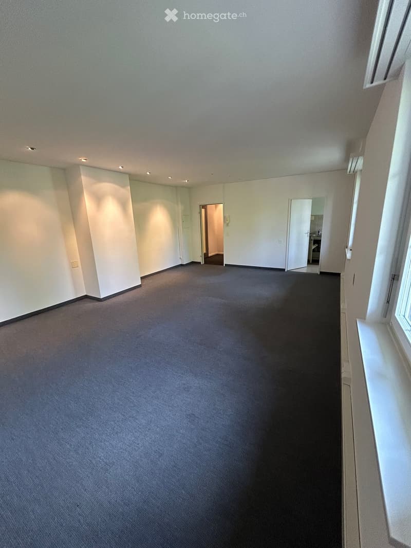 Empty room with grey carpet, white walls, and recessed ceiling lights. Two open doors lead to adjacent spaces.