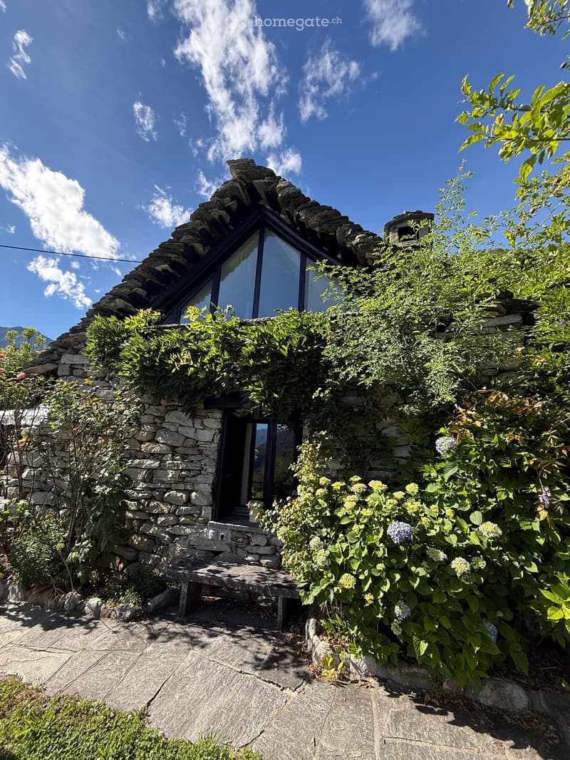 A rustic stone house with a unique roof and a small entrance, surrounded by lush greenery and flowers.