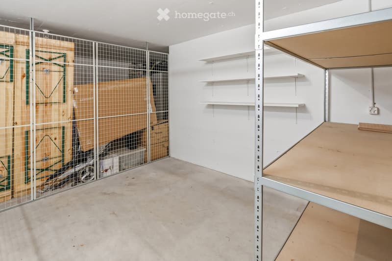 Empty room with white walls, concrete floor, metal shelving unit, and storage area with boxes and cables behind a metal mesh barrier.