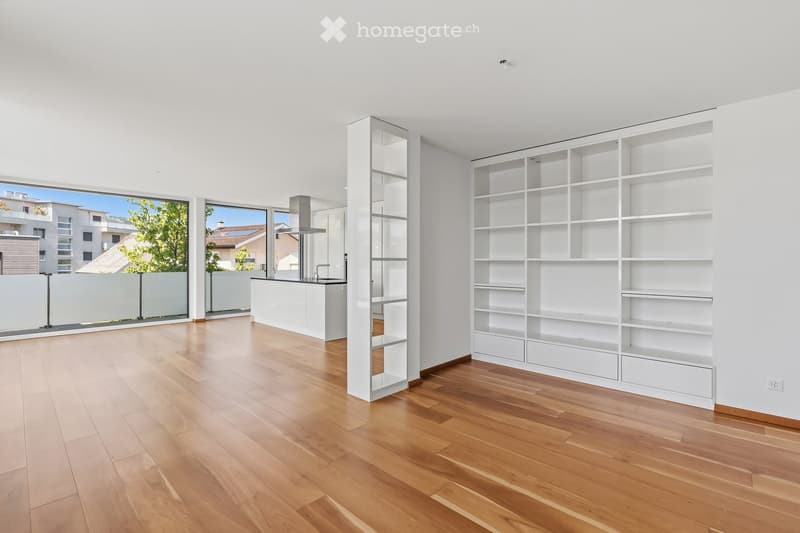Bright, open-plan room with light wooden flooring, white walls, large windows, and built-in white shelving units. No furniture or personal items present.