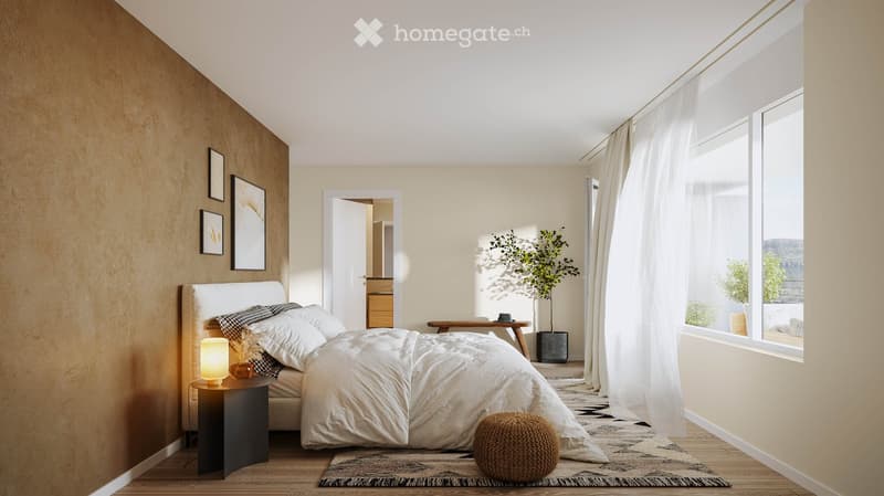 Modern bedroom with a large bed, nightstand with lamp, wooden floor, large window with white curtains, and a small table with a plant.