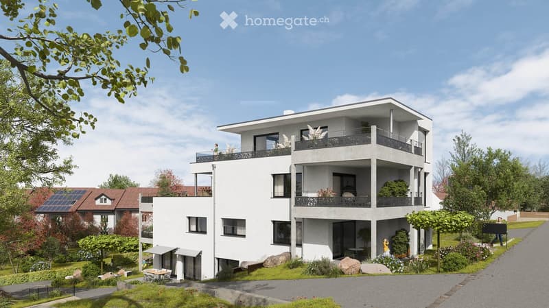 Modern two-story house with white facade, large windows, balconies, and solar panels on the neighboring roof. The house features a well-maintained garden with seating area and decorative plants.