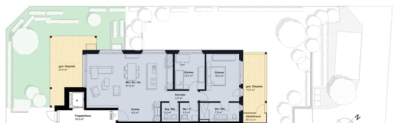 Floor plan of a house with living room, kitchen, two bedrooms, hallway, entrance, separate WC, bathroom, and storage room.