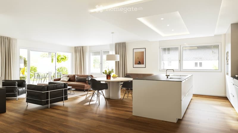 Open-plan living and dining area with a modern kitchen island, leather sofa, armchairs, coffee table, dining table, and chairs. Large windows with curtains and a pendant light.