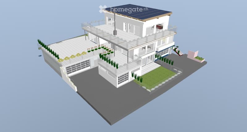 3D model of a modern, multi-level house with a flat roof, solar panels, balconies, and landscaped garden areas.
