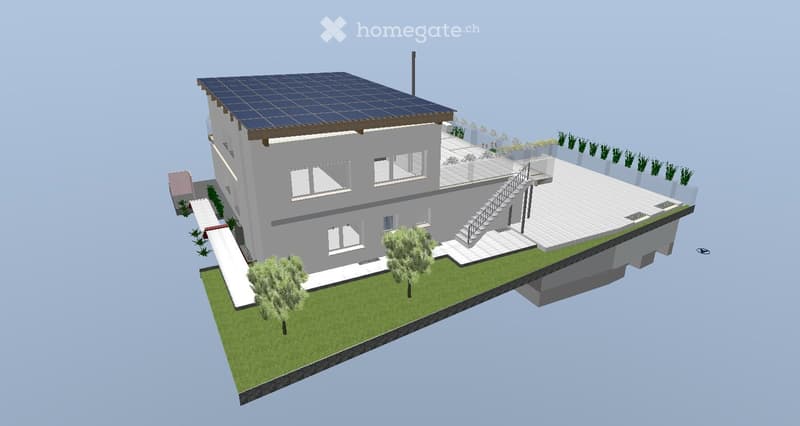 3D model of a modern house with a raised ground floor, solar panels on the roof, and a small garden area.