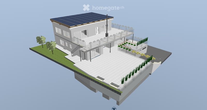 3D model of a modern house with a raised ground floor, solar panels on the roof, and a surrounding garden area with plants and a staircase leading to the entrance.
