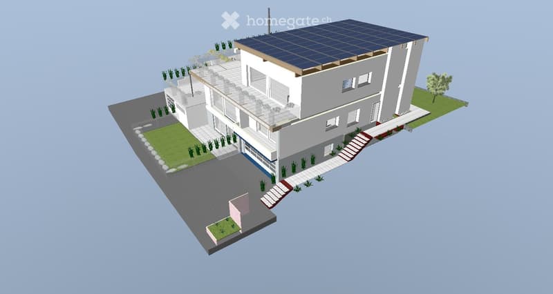3D model of a modern two-story house with solar panels on the roof, surrounded by a landscaped garden and driveway.