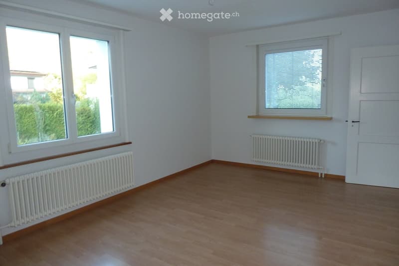 Empty room with wooden flooring, white walls, two windows, radiators, and a door.