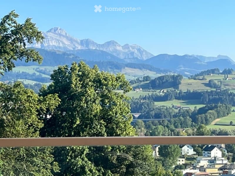Balcony overlooking a scenic valley with mountains, trees, and scattered houses.