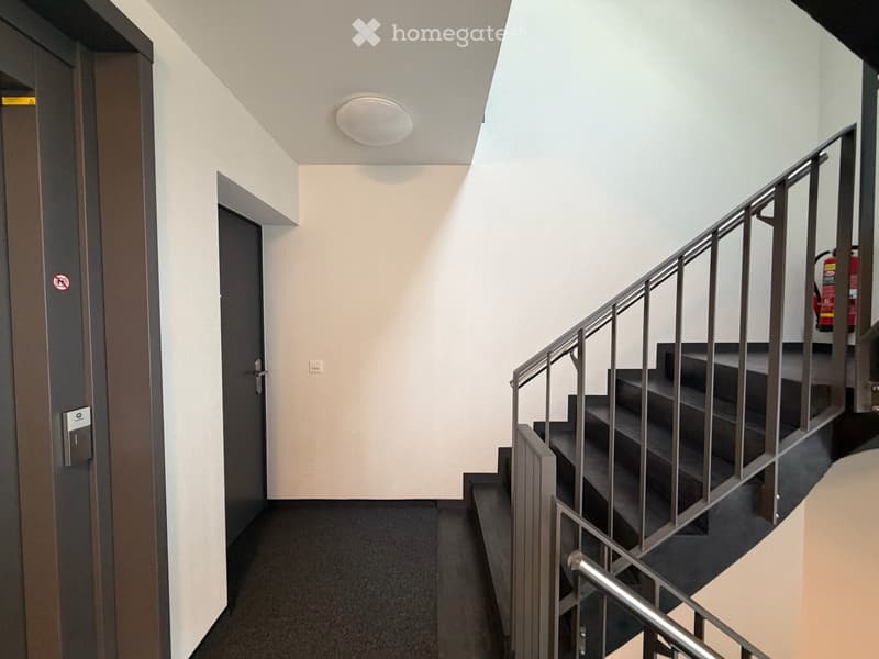Stilvolles Treppenhaus mit Lift direkt neben Wohnungszugang