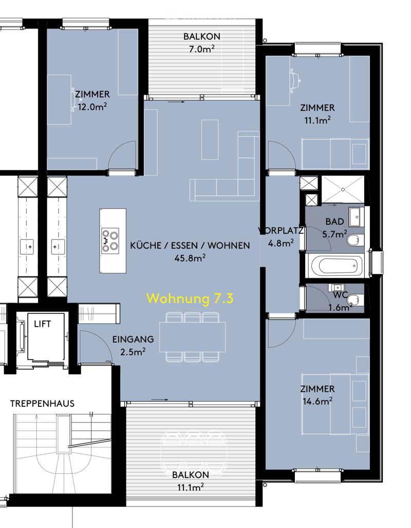 Floor plan of apartment 7.3 showing kitchen/dining/living area, two bedrooms, bathroom, entrance, and balcony.