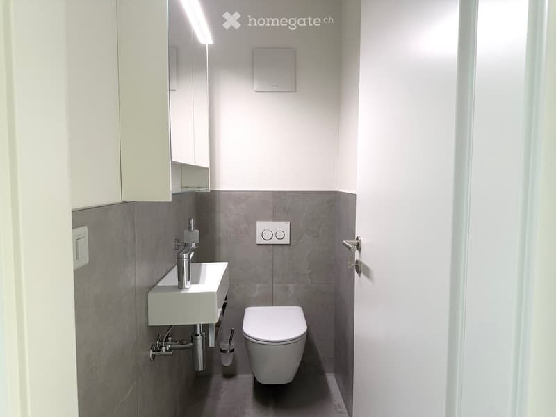 Modern, compact bathroom with a white sink, chrome faucet, toilet, and built-in cabinet with a mirror. Grey tiled walls and floor.