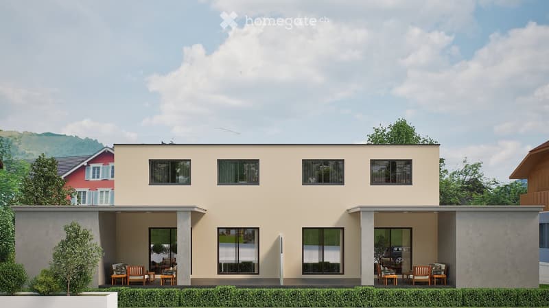 Modern two-story house with beige facade, large windows, and a covered patio area with outdoor furniture.
