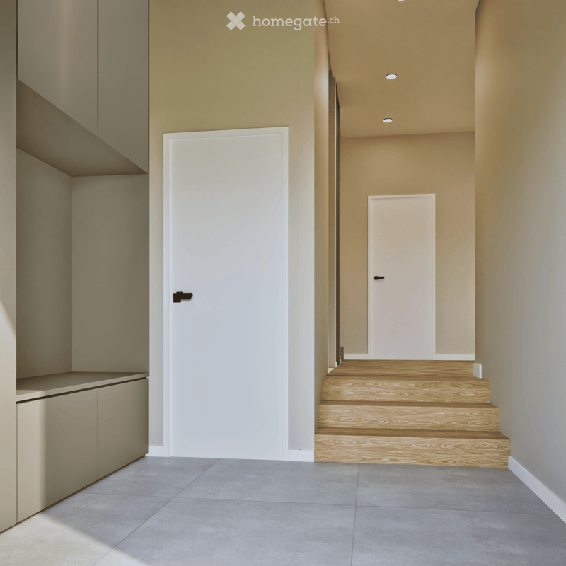Modern hallway with grey tiled floor, wooden staircase, white doors, and recessed ceiling lights.