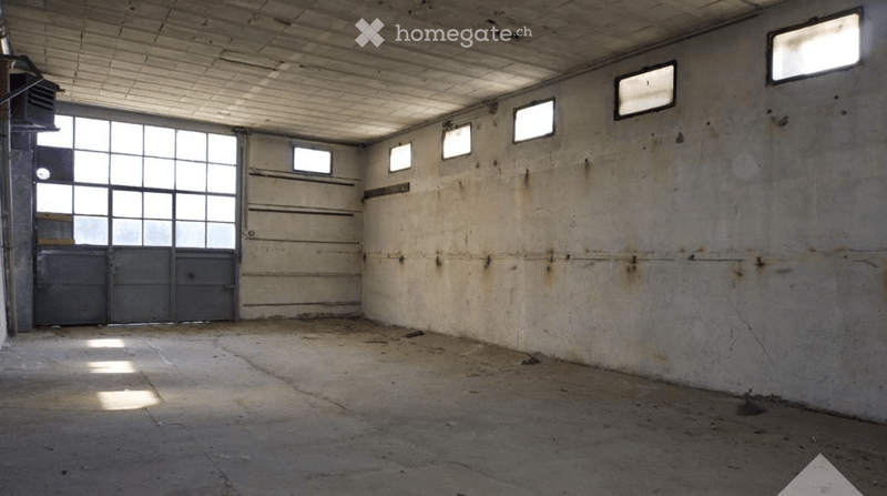 Empty industrial-style room with concrete walls and floor, large windows, and a metal door.