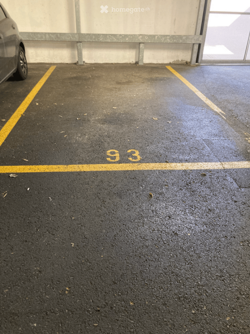 Underground parking space with marked parking spots, a car partially visible, and a concrete floor.
