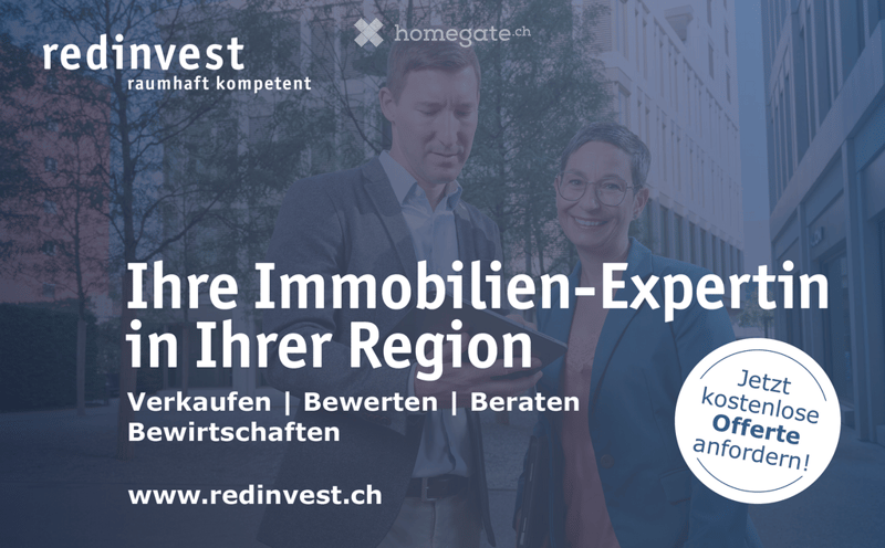 Promotional image for real estate services featuring two professionals in front of a modern building, with text overlay in German.