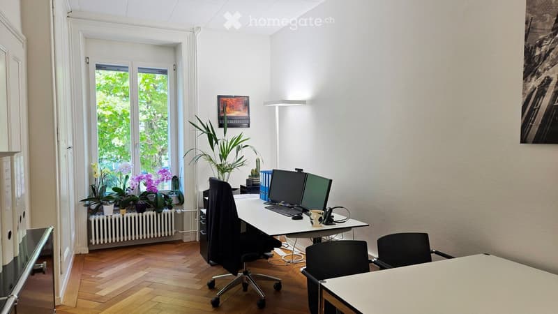 A modern office space with a wooden floor, large windows, a desk with two computer screens, a chair, a small table, and several potted plants.
