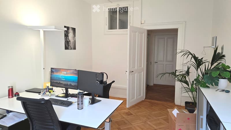 A modern office space with a white desk, dual monitors, a black office chair, and a potted plant. The room features wooden flooring and white walls.