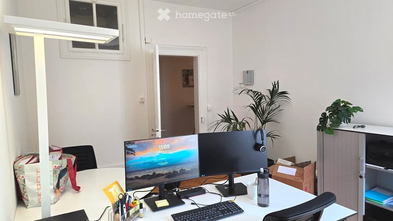 Office space with a desk, two monitors, keyboard, chair, and plants. The room has white walls, a window, and a door leading to another room.