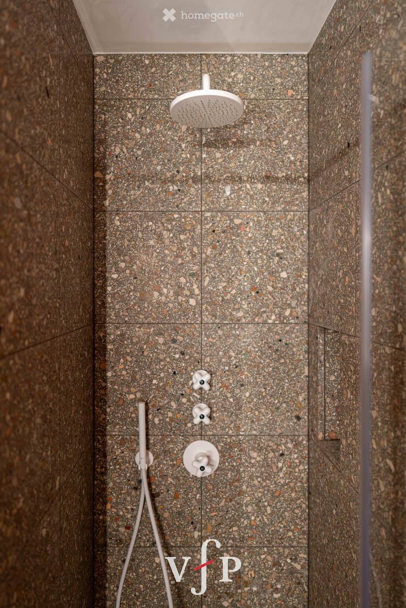 Shower area with a modern showerhead and faucet, featuring a speckled tile design on walls and floor.