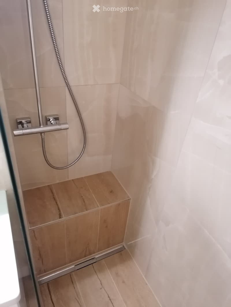 Modern shower area with light-colored tiles, a built-in seat, and a handheld showerhead with a chrome hose.