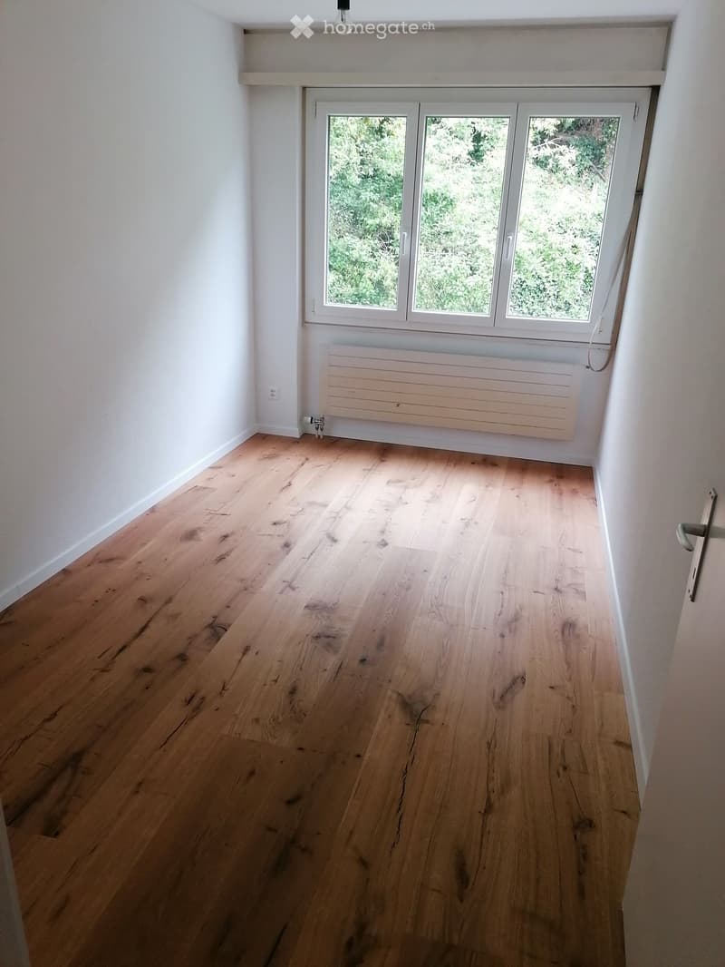 Empty room with light wooden flooring, white walls, large window with three panes, radiator, and a door handle visible on the right side.
