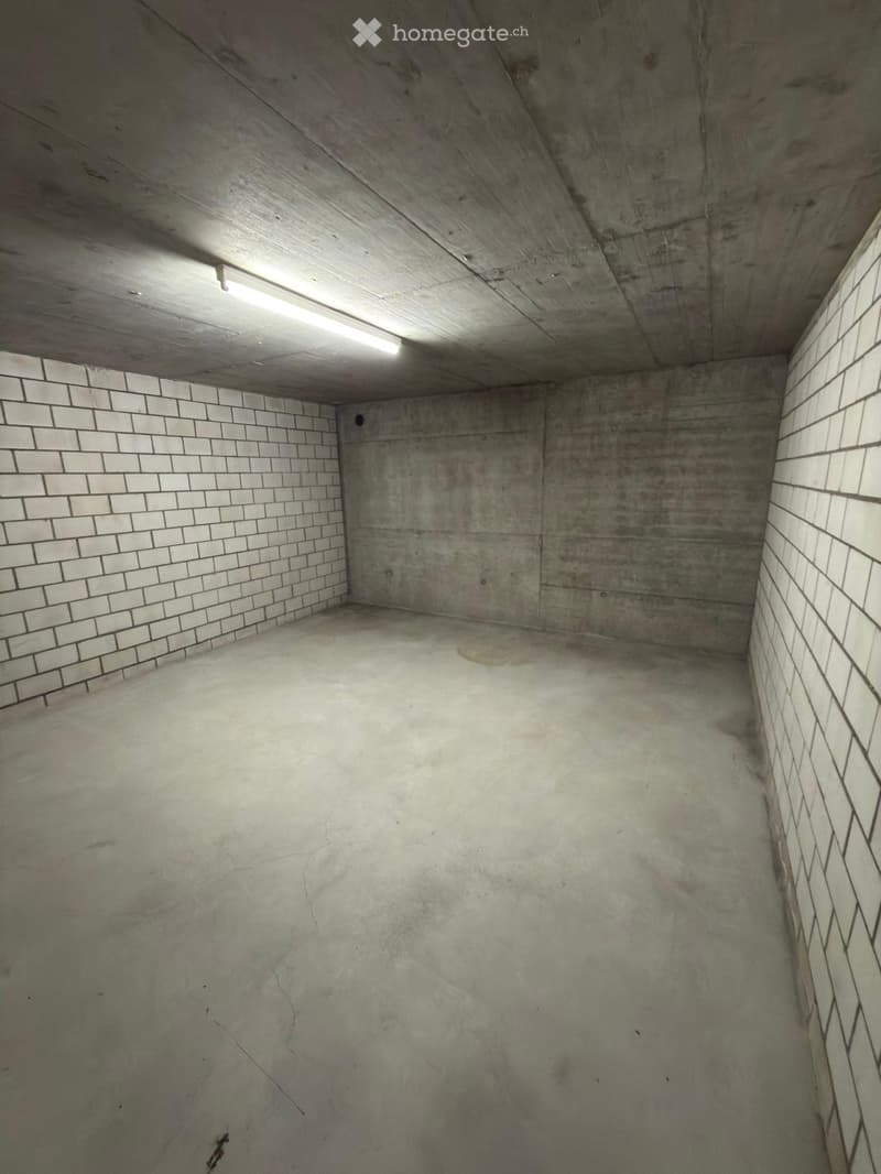 Empty concrete room with white tiled walls and a single fluorescent light fixture on the ceiling.