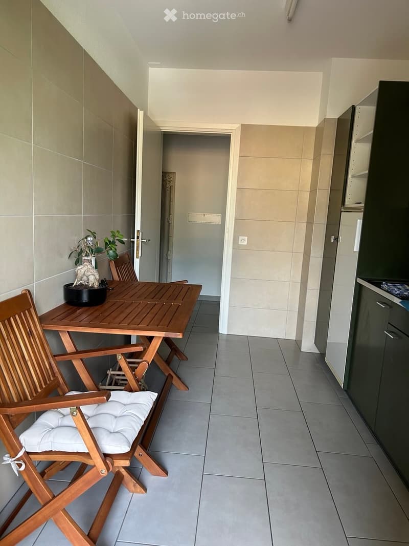 Balcony with wooden table, two wooden chairs, and a potted plant. Adjacent to a kitchen area with dark cabinets.