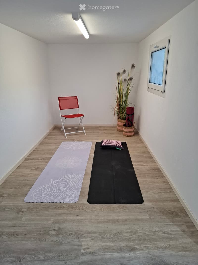 A small, well-lit room with wooden flooring, two yoga mats, a red chair, a potted plant, and a cushion on the floor.
