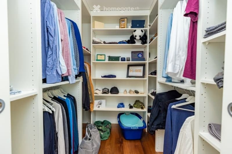 Well-organized walk-in closet with white shelving, hanging clothes, storage bins, a small panda toy, and a pet carrier on the floor.
